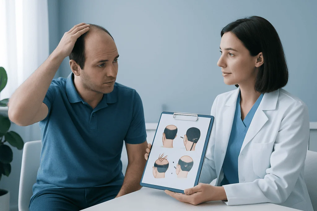Doctor explains hair transplant options to a patient with hair loss.