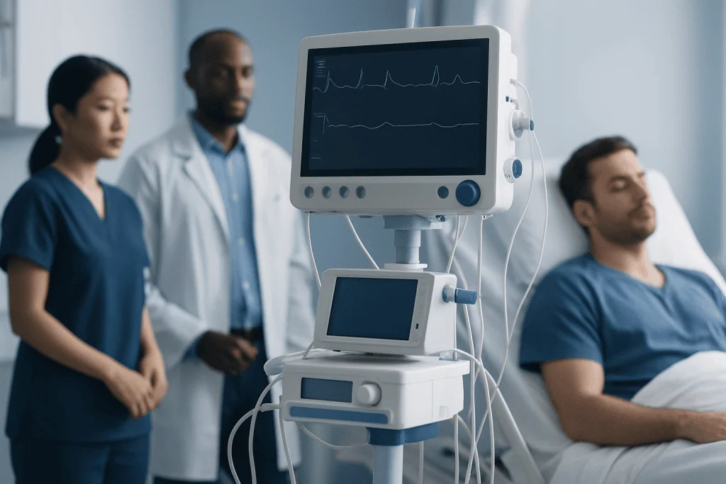 Patient in hospital bed with medical monitor and healthcare professionals nearby.