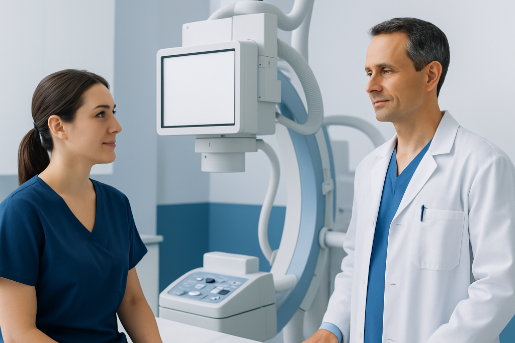 Medical professionals discussing with advanced imaging equipment in hospital.