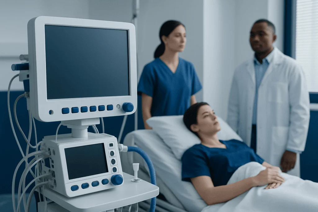 Hospital room with patient and medical staff, medical equipment in foreground.