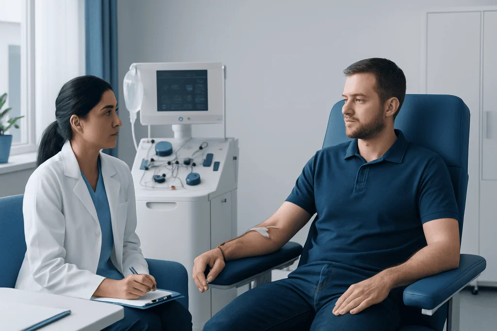 Patient receiving medical consultation at Acibadem Hospital.