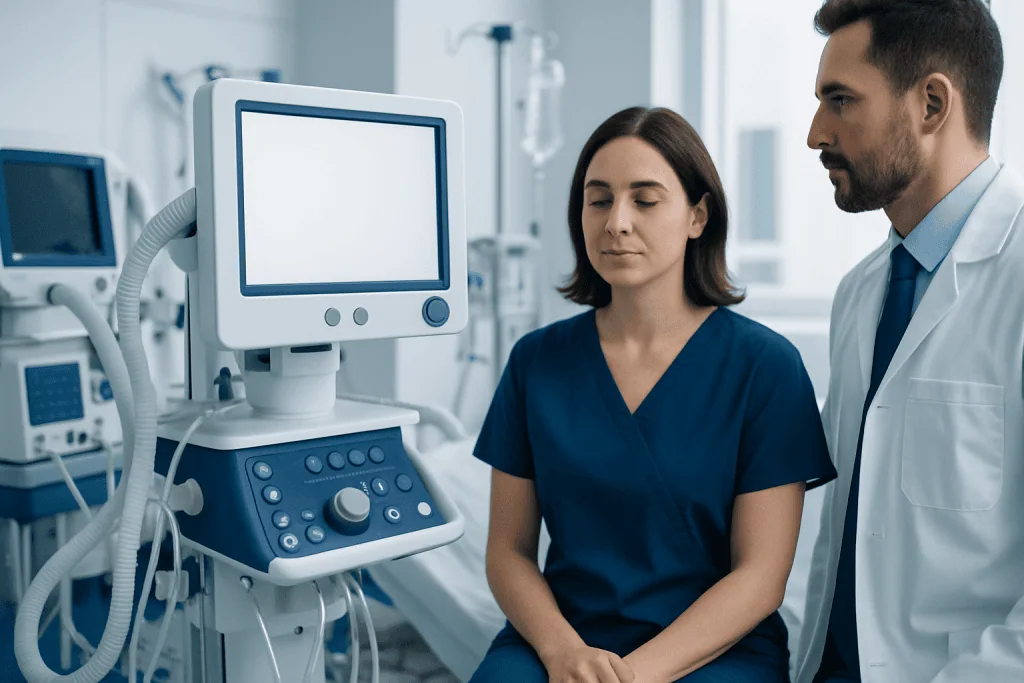 Medical professionals using diagnostic equipment in a hospital setting.