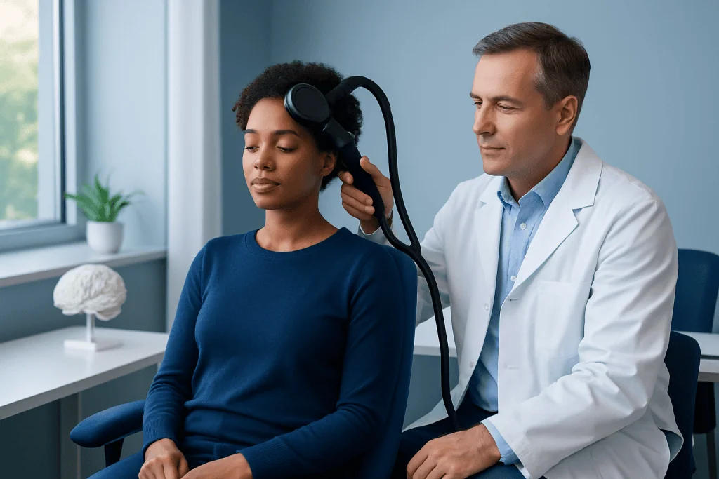 Doctor performs brain stimulation therapy on a patient in a clinical setting.