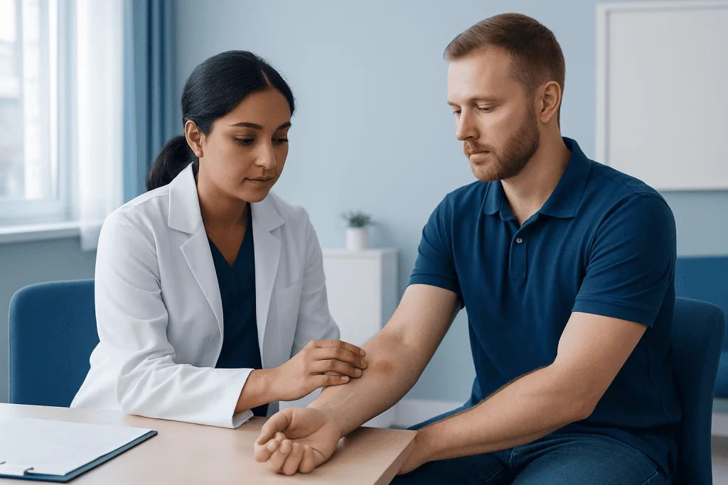 Doctor examining a patient's arm for bug bites in a clinical setting.