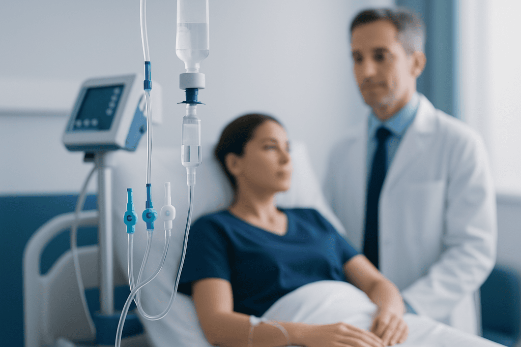 Patient receiving IV therapy in a hospital setting at Acibadem Hospitals Group.