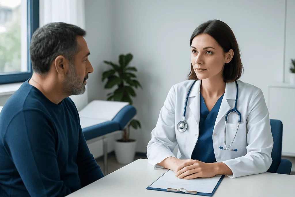 Doctor consulting with a patient in a medical office setting.