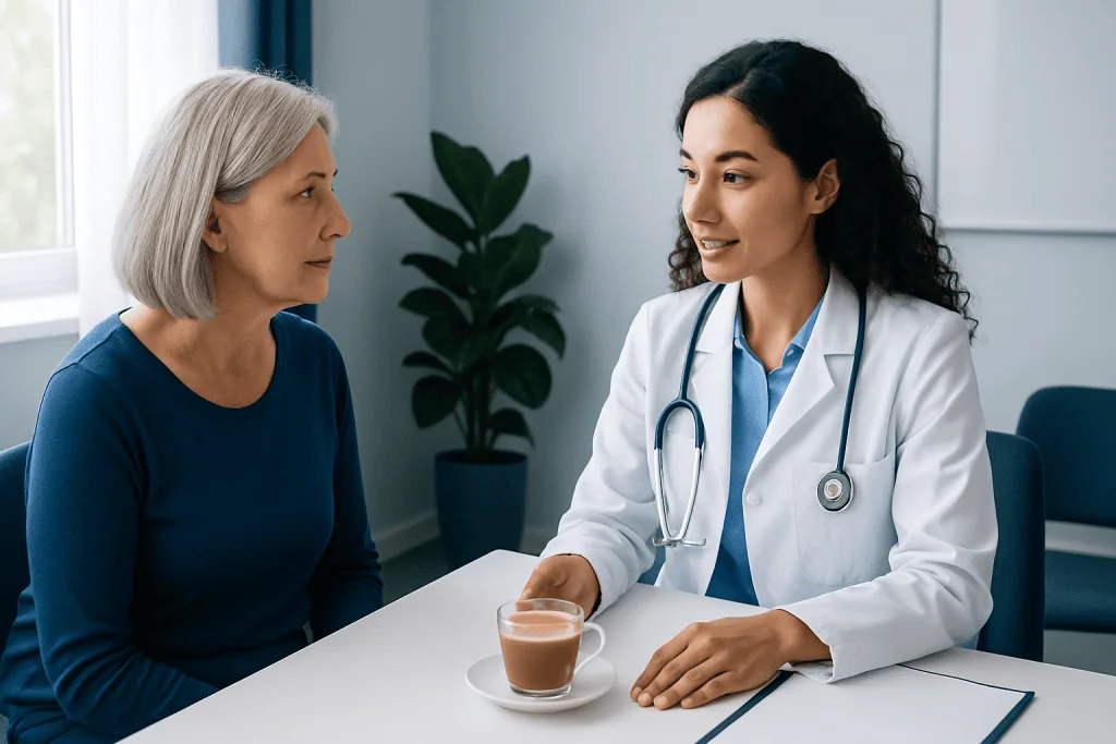 Doctor consulting with a patient about healthy coffee creamer benefits.