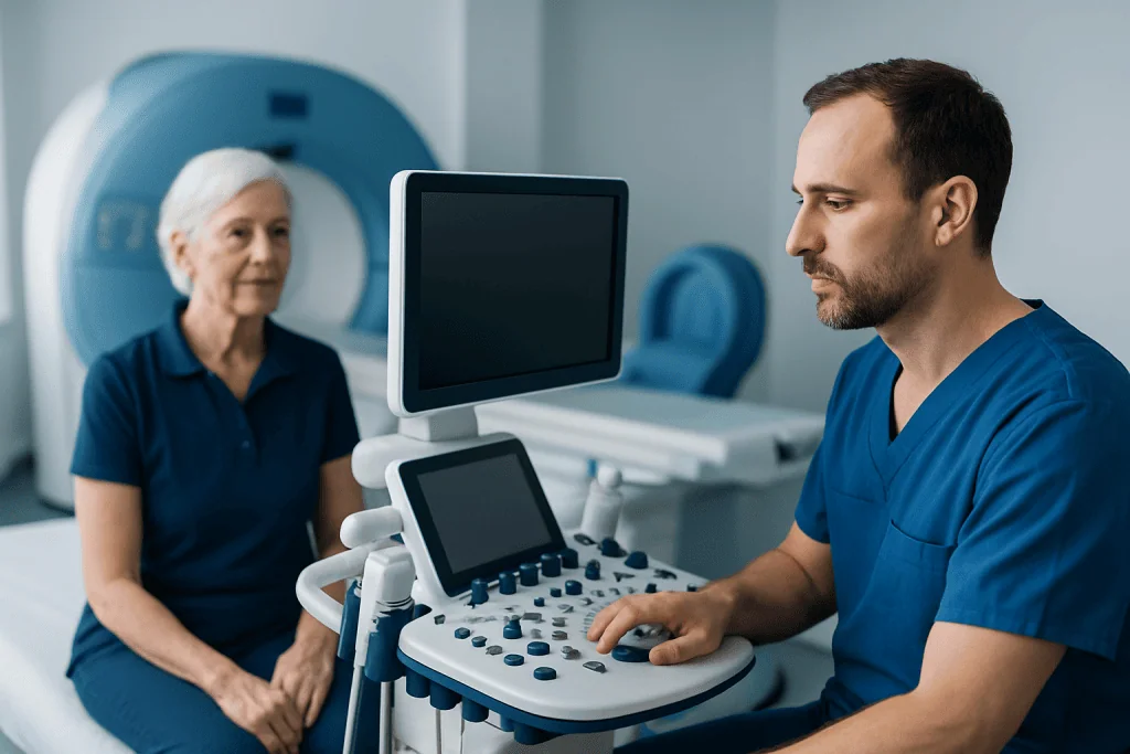 Medical professional performing an ultrasound scan on an elderly woman in a hospital.