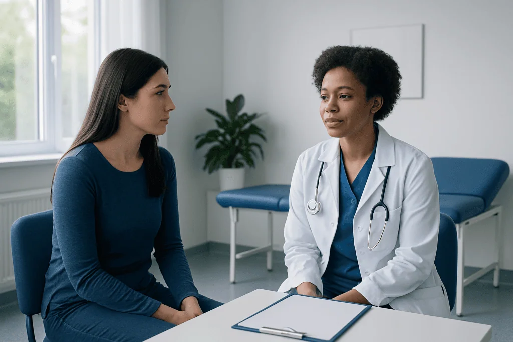 Doctor consulting with a patient in a modern hospital room.