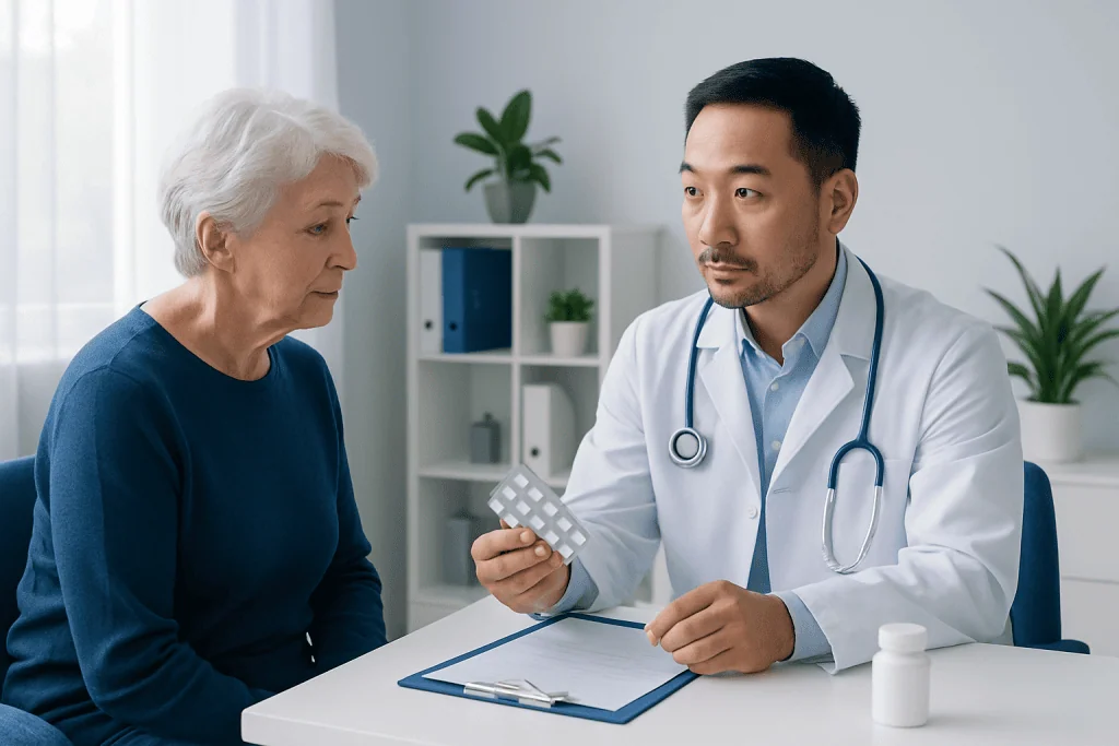 Doctor consulting with elderly woman about medication in a clinic setting.