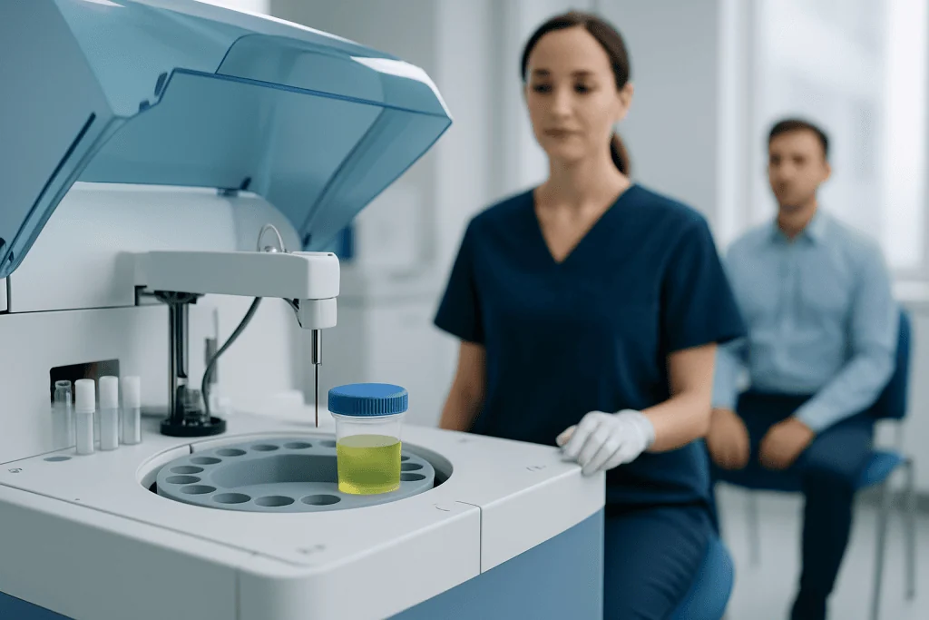 Laboratory technician preparing a urine sample for drug testing at Acibadem Hospitals.