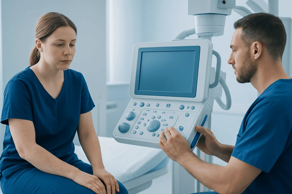 Doctor explaining ultrasound results to a patient in a clinical setting.