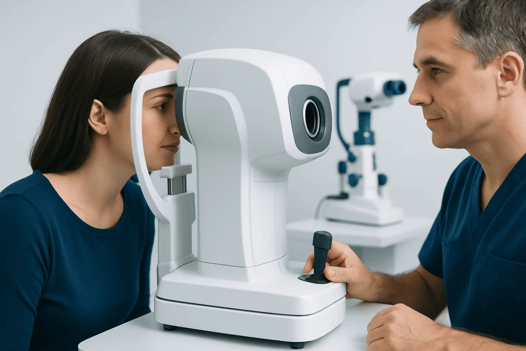 Optometrist performing eye exam with advanced machine at clinic.