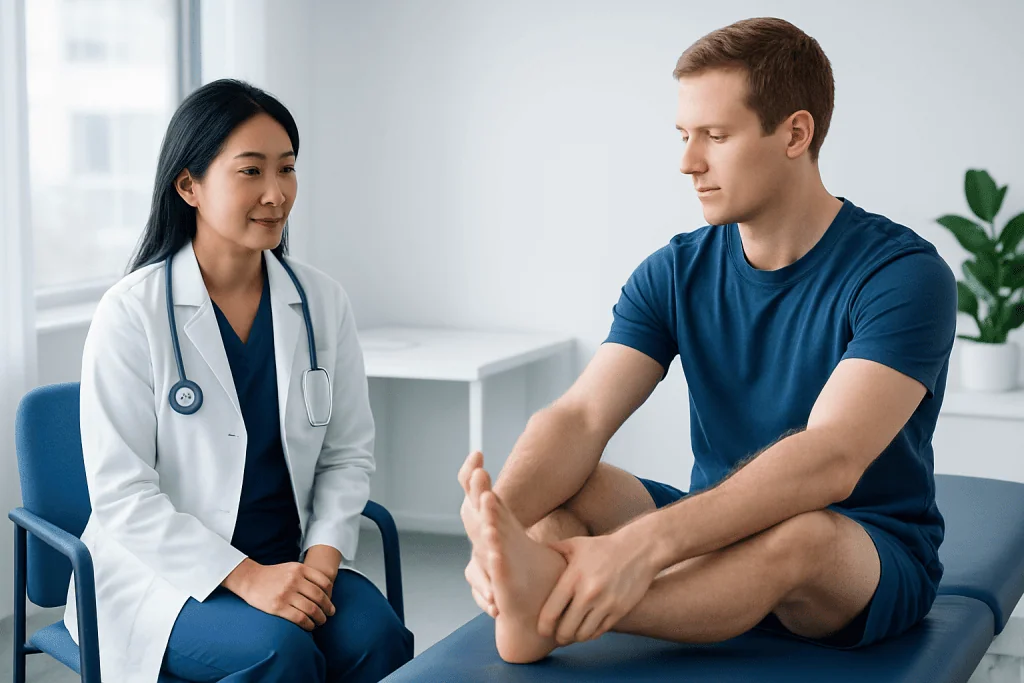 Doctor consulting with patient about foot health and exercises.