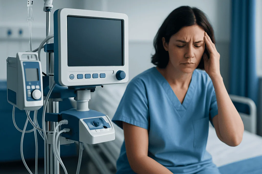 Woman in hospital with headache, medical monitors in background.