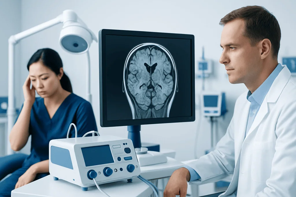 Doctor analyzing brain MRI scan in a hospital setting.