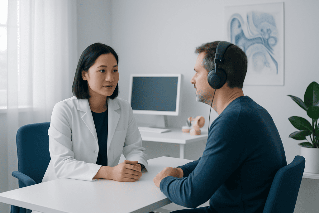 Doctor consulting with patient during hearing test at Acibadem Hospital.