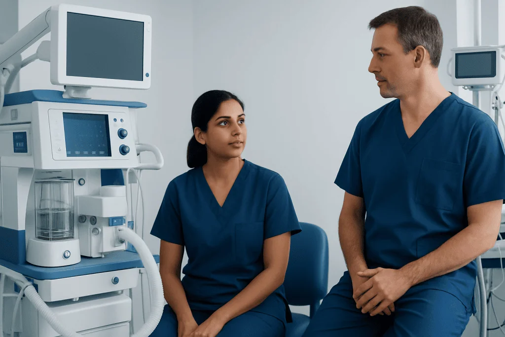 Medical professionals in a hospital room with advanced equipment.