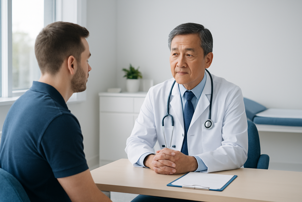 Doctor consulting with a young male patient in a modern clinic setting.