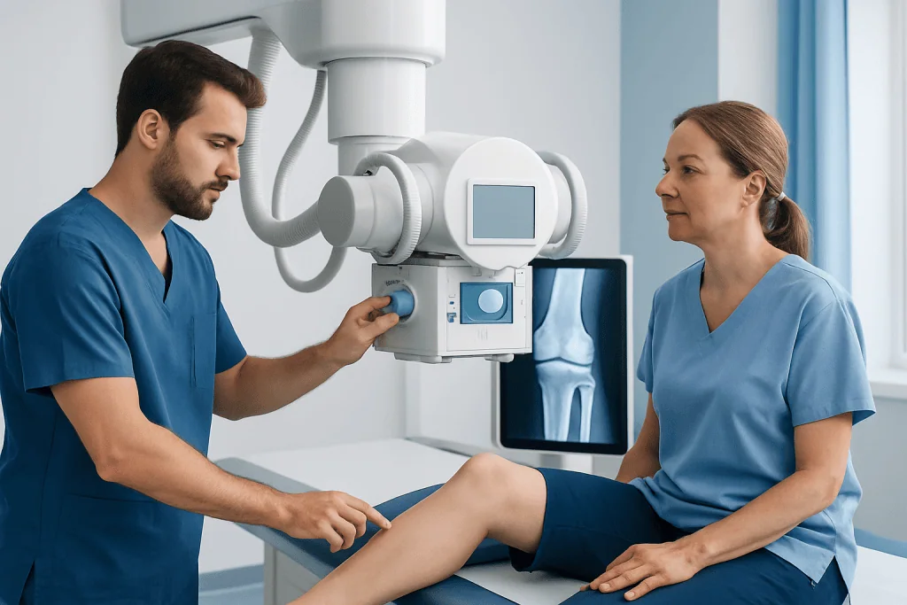 Medical professionals perform knee X-ray imaging in a hospital setting.