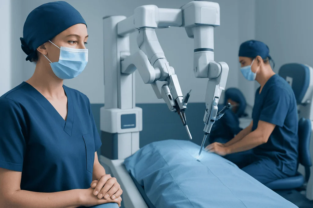 Robotic surgical system performing a procedure in a hospital operating room.