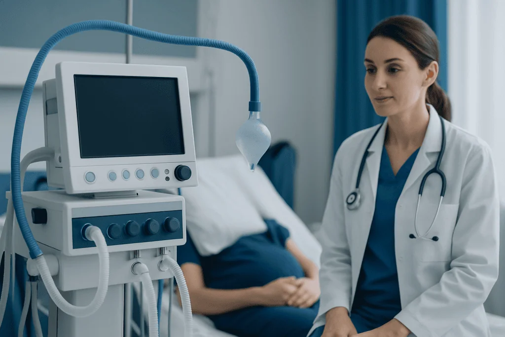 Medical professional in a hospital room with ventilator equipment and patient in background.