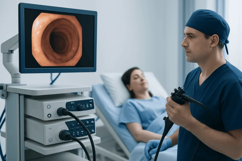 Doctor performing a colonoscopy on a patient in a hospital room.