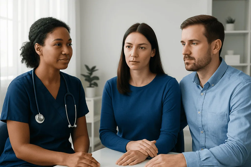 Medical consultation with a healthcare professional and couple in a clinic setting.