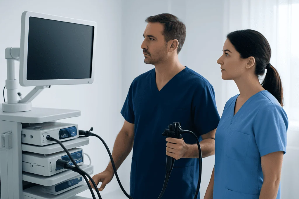 Medical professionals preparing for a colonoscopy procedure with endoscopy equipment.