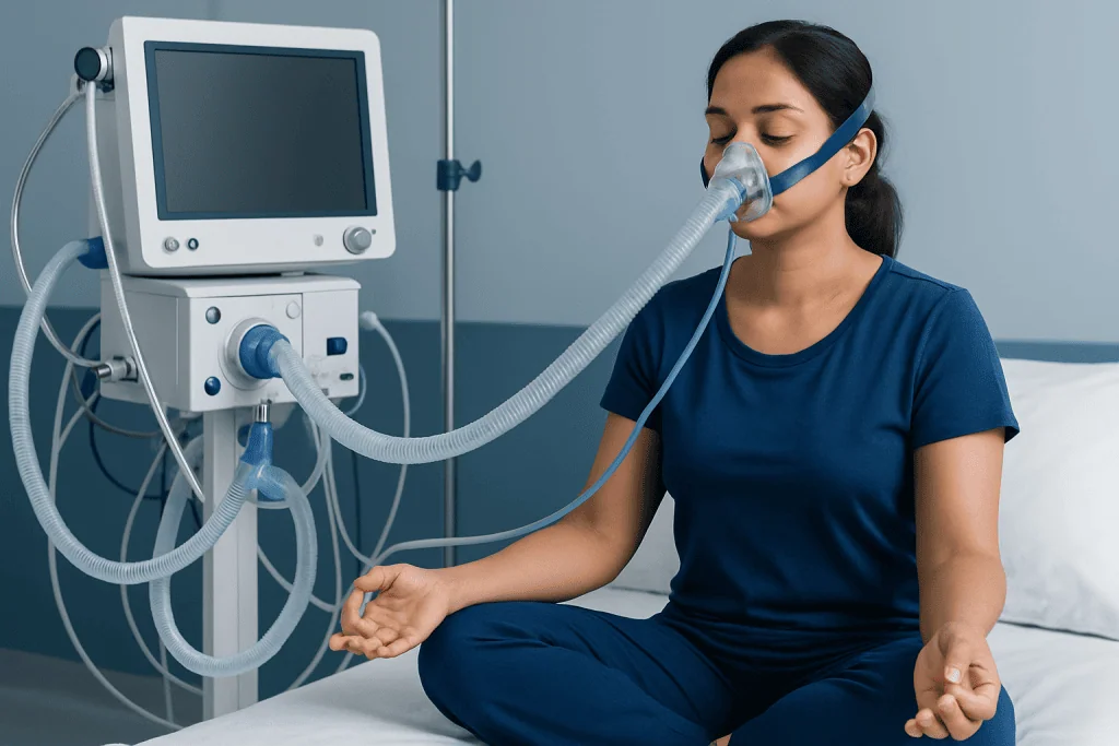 Patient using CPAP machine for sleep apnea treatment in hospital.