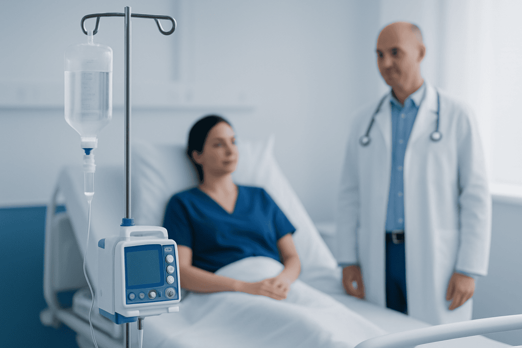 Patient in hospital bed with IV drip and doctor in hospital room.