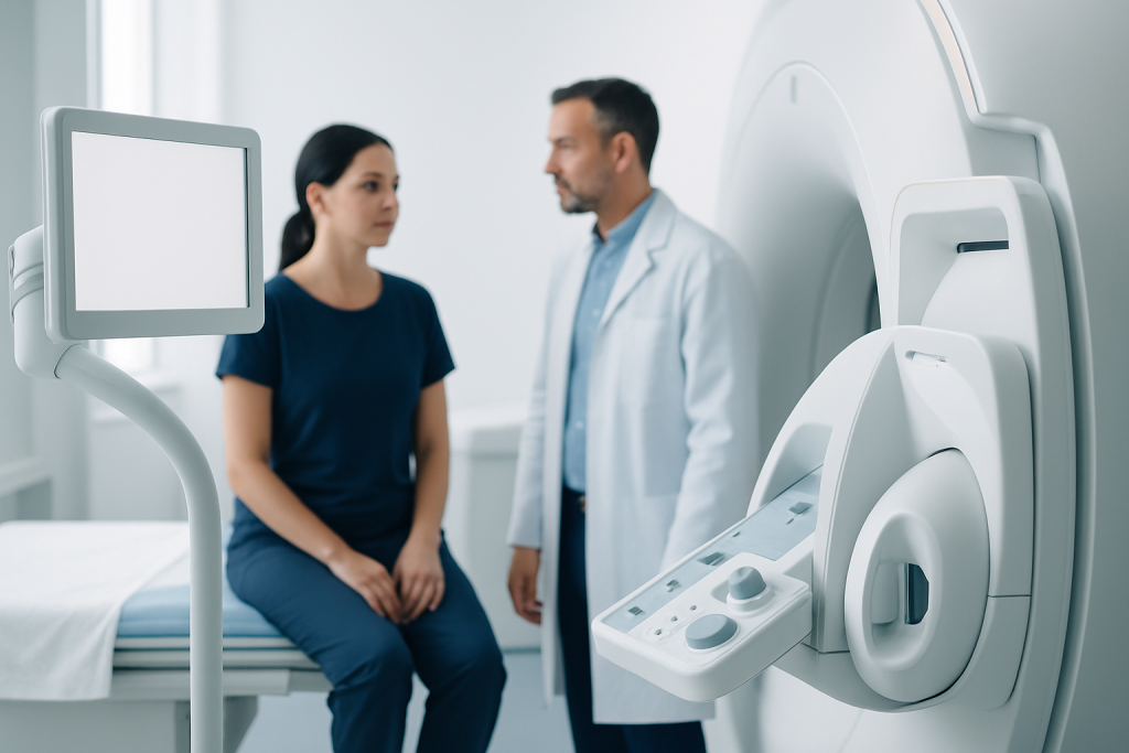 Medical consultation with MRI scan in a hospital setting.