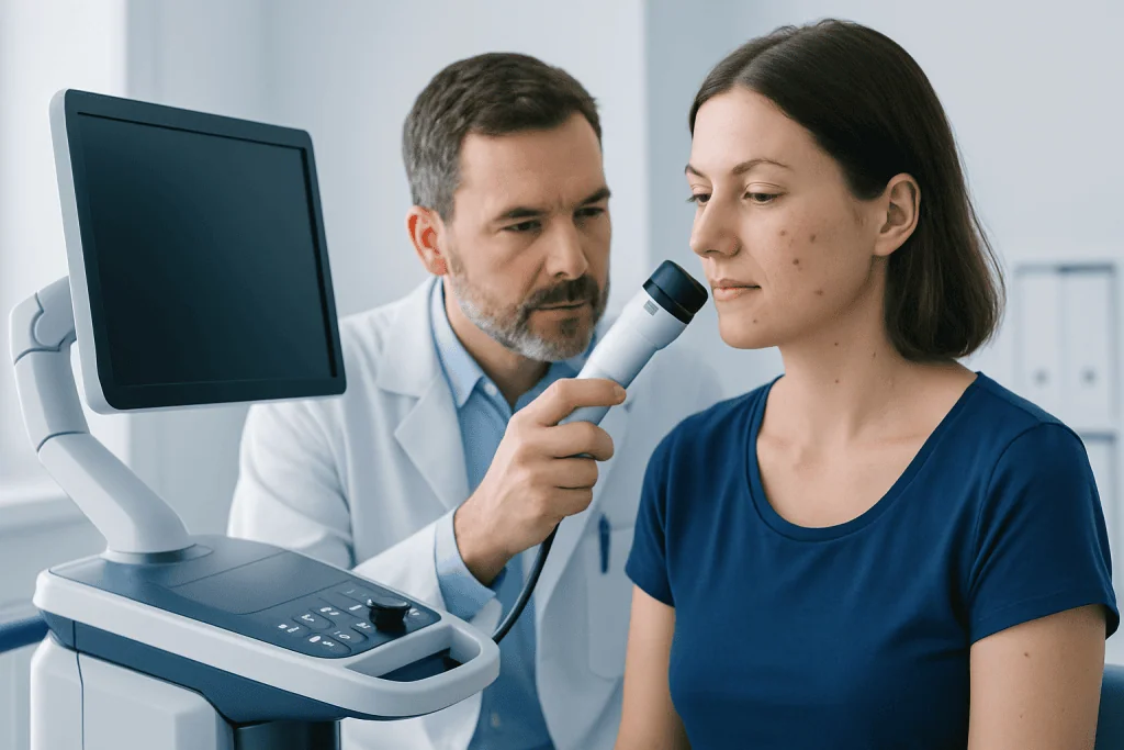 Dermatologist examining skin with a dermatoscope during a consultation.