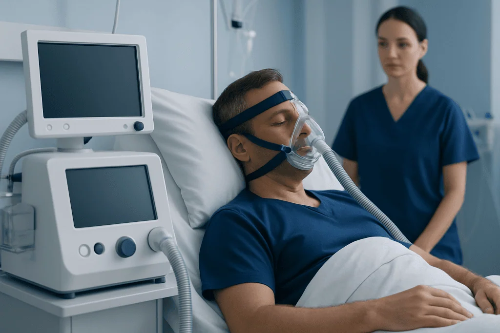 Patient in hospital bed with sleep apnea mask and monitoring equipment.