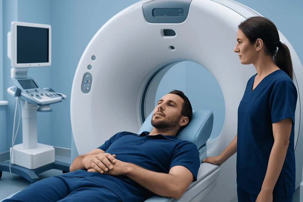 Patient undergoing a CT scan in a medical facility at Acibadem Hospitals Group.