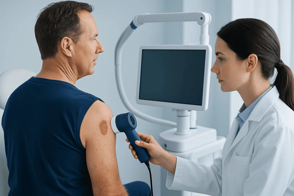 Doctor examining patient's skin with a dermatoscope at Acibadem Hospital.