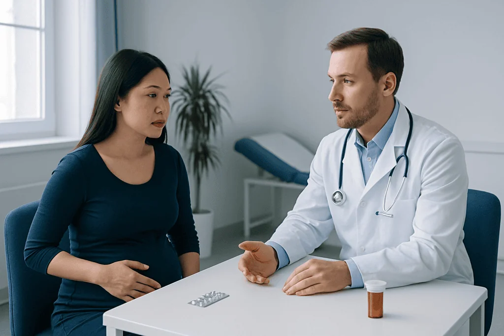 Doctor consulting pregnant woman in a medical office.