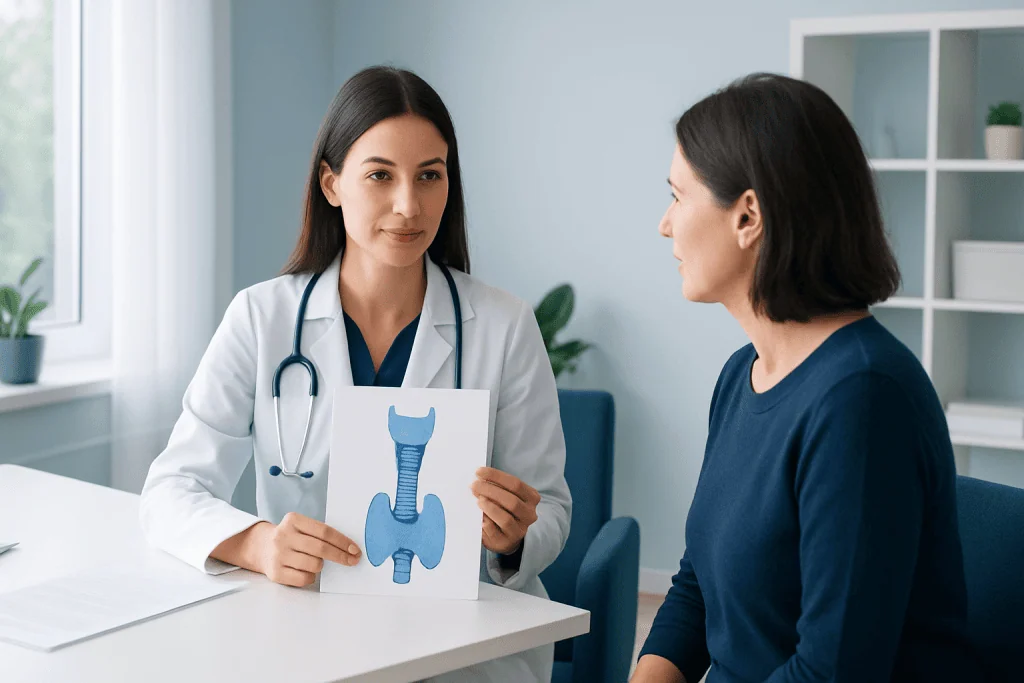 Doctor explaining thyroid health to a patient with a diagram of the thyroid gland.