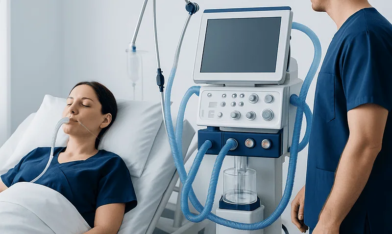 Patient on ventilator with medical staff monitoring equipment in hospital.
