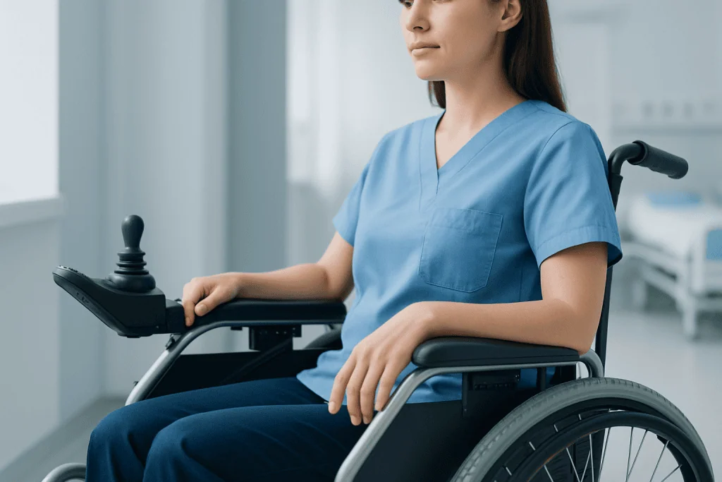 Woman in wheelchair wearing medical scrubs in a hospital setting.