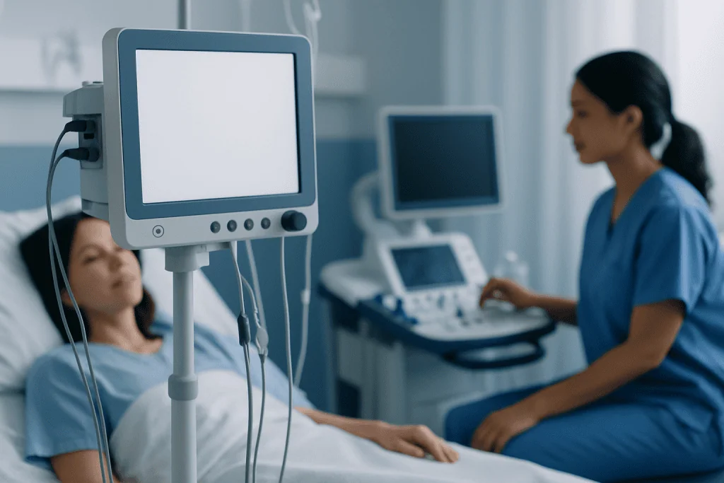 Hospital patient undergoing medical examination with monitoring equipment.