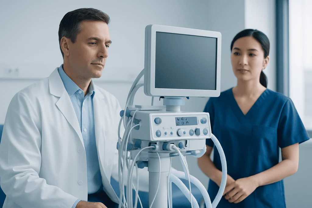 Medical professionals using ultrasound equipment in a hospital setting.