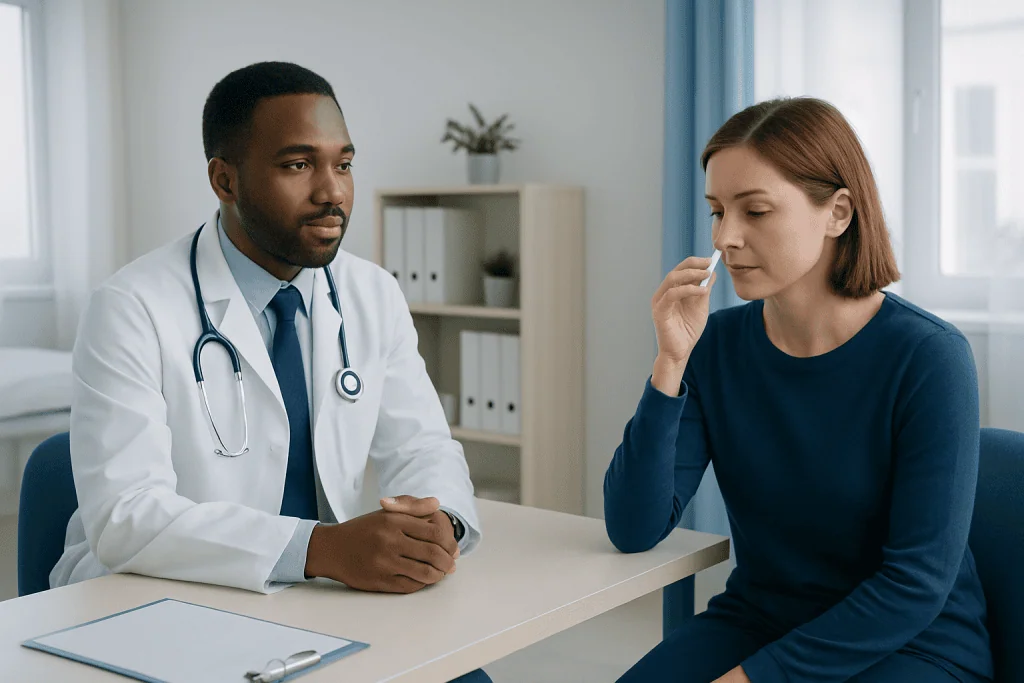 Doctor consulting with a female patient in a medical office setting.