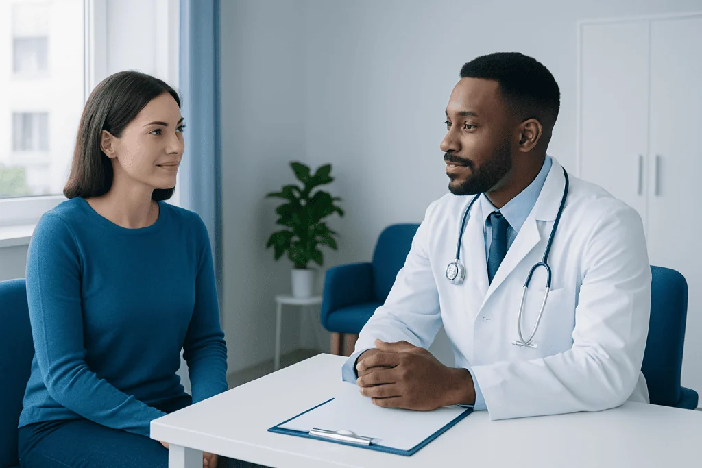Doctor consulting with a female patient in a modern clinic setting.