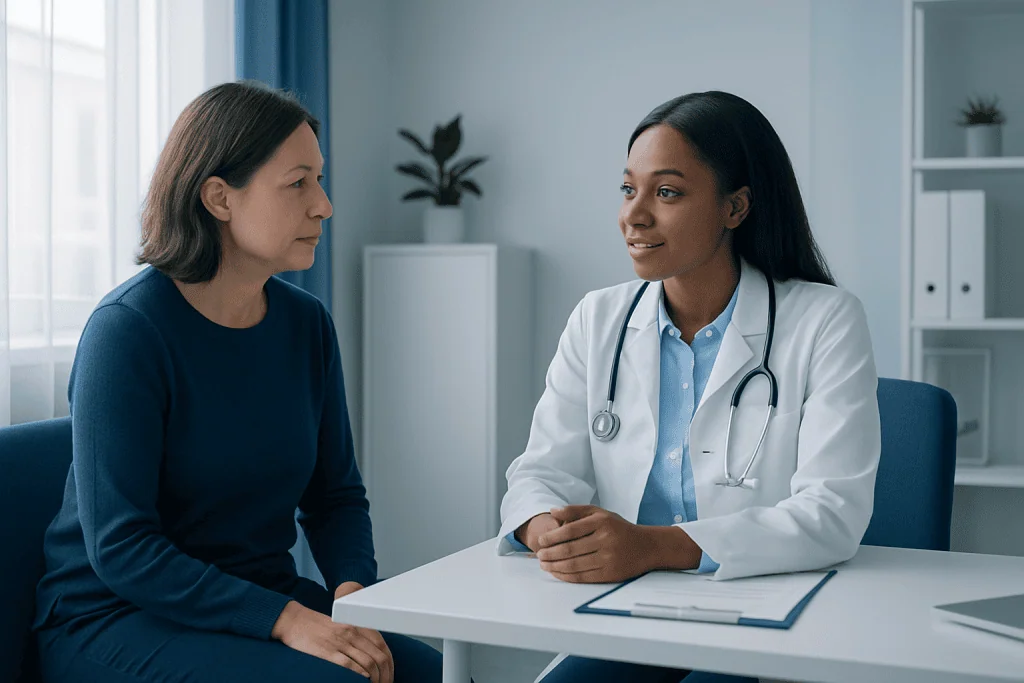 Doctor consulting with a patient in a modern medical office.