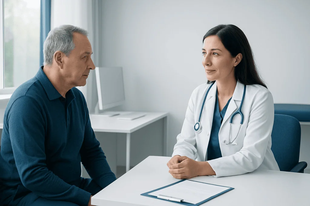 Doctor consulting with a male patient in a medical office.