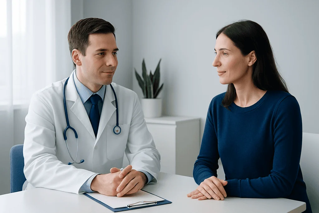 Doctor consulting with a female patient in a modern clinic setting.