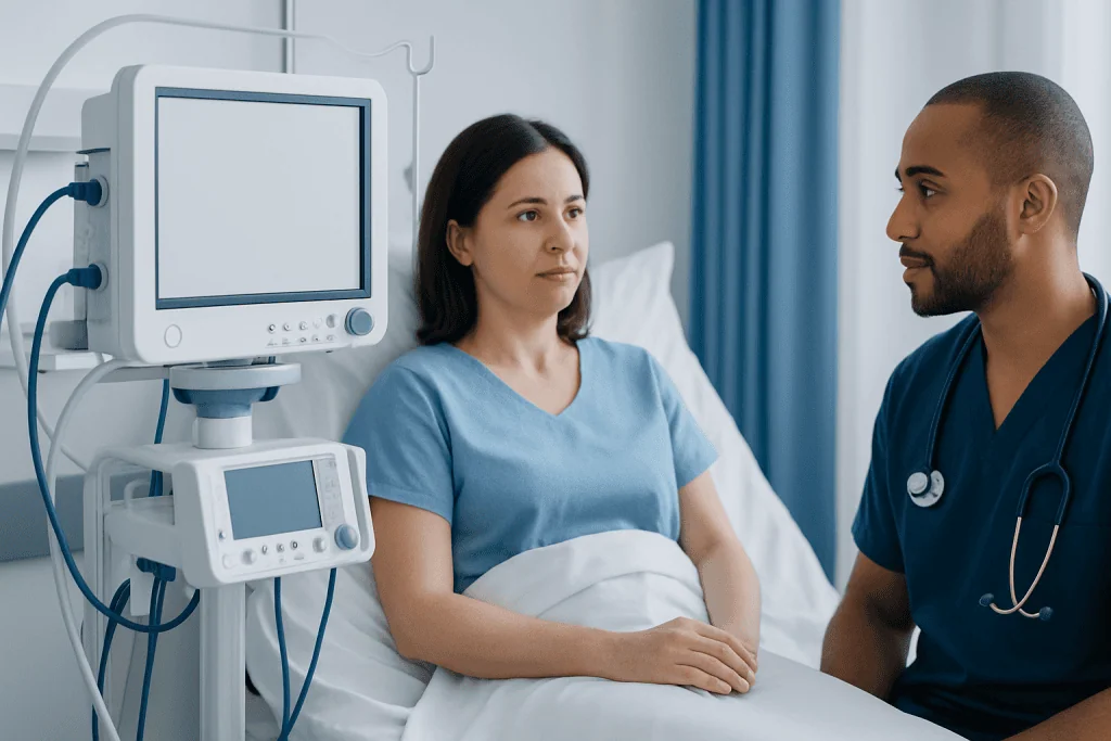 Doctor consulting patient in hospital room with medical equipment.