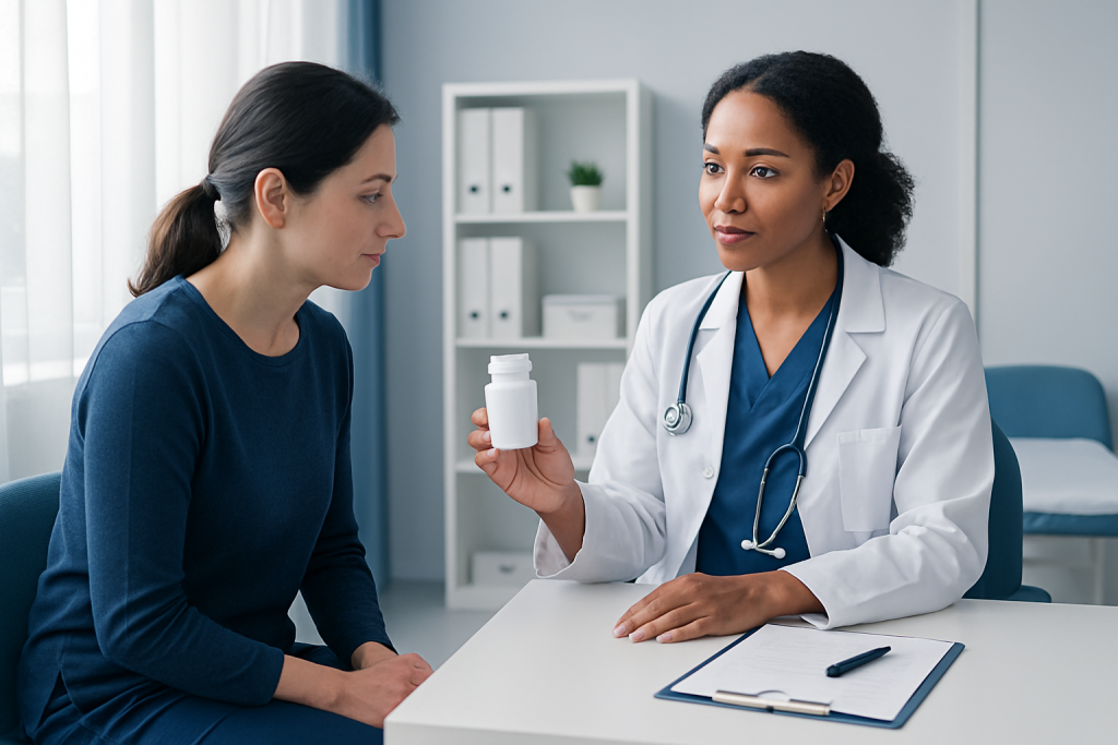 Doctor explaining medication to patient in a clinical setting.