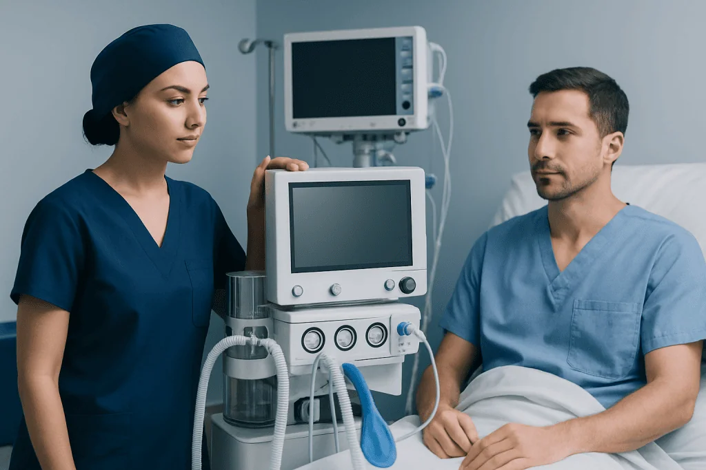 Medical professionals monitoring patient with ventilator in hospital.